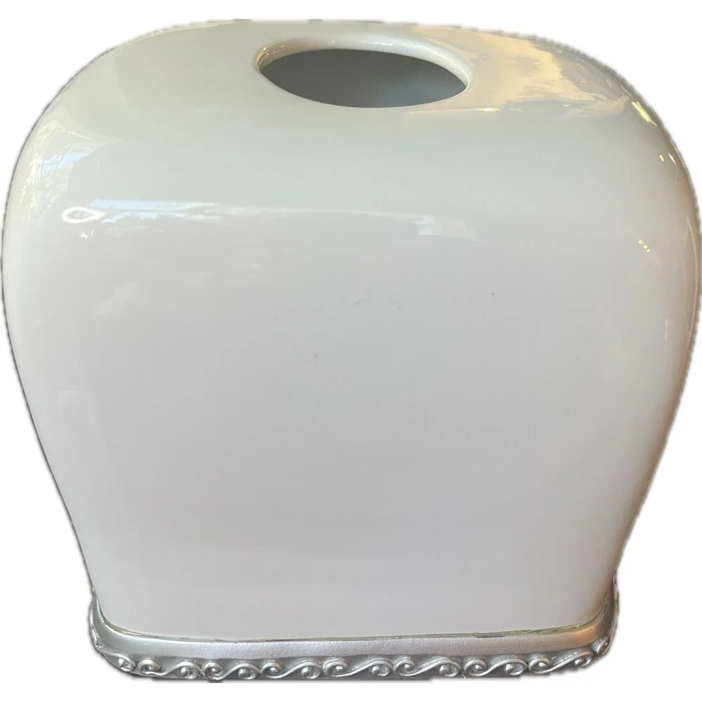 Ceramic Square Tissue Box Cover Holder White with Silver Embellishments Elegant